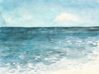 Naklejka na ściany i meble Ocean landscape. Beautiful watercolor hand painting illustration.