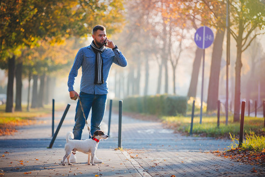 Young Man With Dog Walking At Autumn Season Alley.