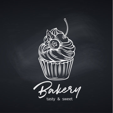 Cupcake on chalkboard,bakery or pastry template