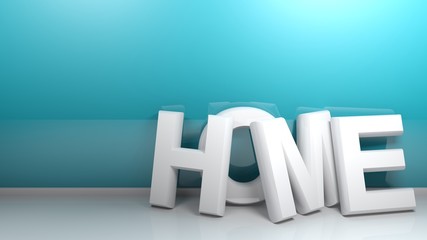 HOME in white 3D letters at a blue wall - 3D rendering