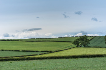 Obraz na płótnie Canvas Shearington, Scotland, UK - June 18, 2012: Agricultural land as seen from Ruined triangular brown stone moated Caerlavarock Castle under blue sky.
