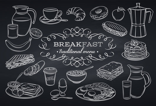 set breakfast icons on chalkboard