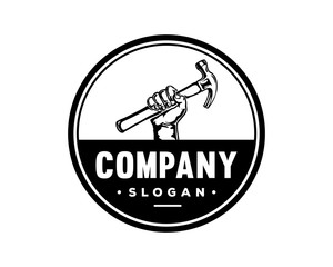 Vector Hand Holding Hammer for Woodworker Construction Sign Symbol Vintage Circle Logo Design Inspiration
