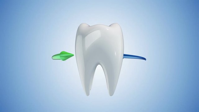 Animation rotation of white tooth with colorful arrows around. Animation of seamless loop.