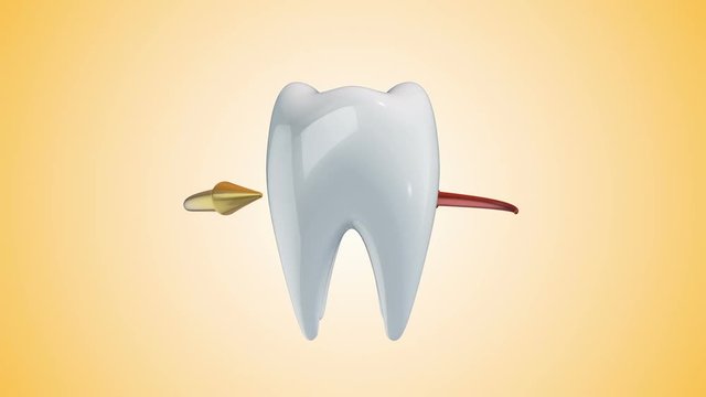 Animation rotation of white tooth with colorful arrows around. Animation of seamless loop.