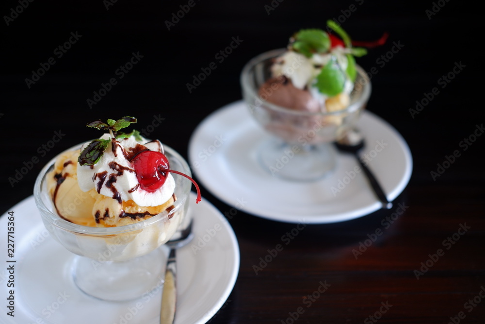 Sticker ice cream on wood table