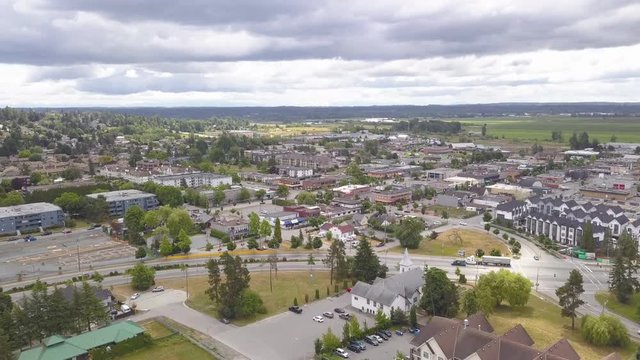 Rising Aerial Drone Shot of Downtown Cloverdale, Surrey, British Columbia, Canada During Summer Day