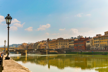 Panoramic photo of the Ponte Vecchio in Florence, a famous bridge in Florence, Italy.