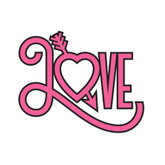 Love flat design typographic illustration with arrow through heart. Ornate hand-drawn vector illustration of the word love with swashes and a heart forming the letter o.