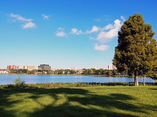 City park under a birght blue sunny sky with white fluffy clouds and a beautiful reflective lake. 