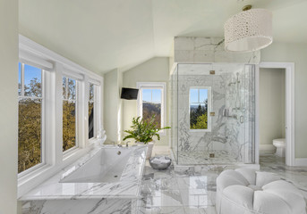 Bathroom in luxury home with bathtub and shower