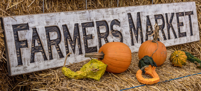 Yellow and orange pumpkins on hay stack on a farm for halloween decoration in America with farmers market sign