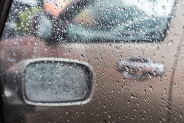 Rain drops on the window of the car