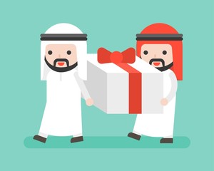 Two Arab Businessman carrying big present box,  business situation