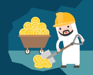 Arab Businessman use shovel shoveling for find bitcoin, cryptocurrency mining business situation
