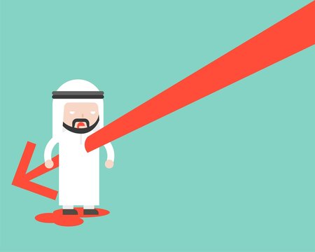 Falling Arrow stab Arab businessman&rsquo;s body, design stock turnover decrease concept