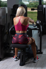 Fototapeta na wymiar Fitness Woman Doing Exercise For Back On Machine