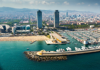  aerial view of docked yachts in Port.  Barcelona