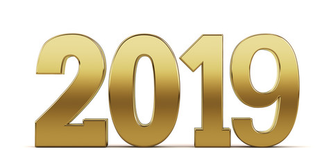 New 2019 year golden  figures isolated on white background. 3D rendered Illustration.
