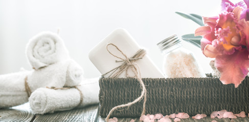 Spa items with orchid, body care concept
