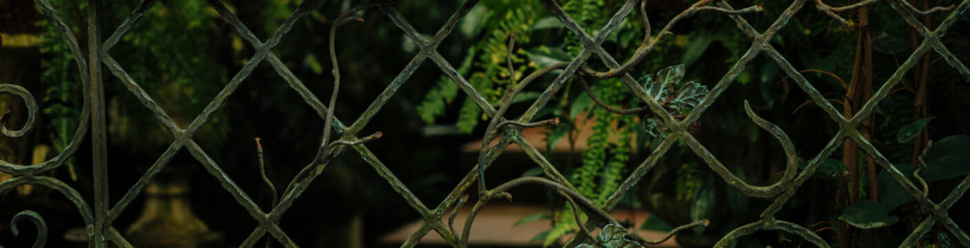 Horizontal banners of old iron fence on a natural background. Vintage iage style