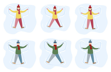 Little girl and boy enjoy first snowfall. Kids making snow angel cartoon illustration.