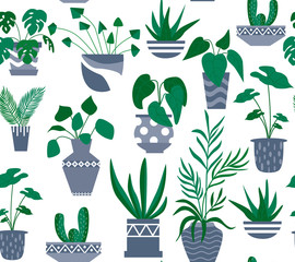 Exotic seamless pattern tropical houseplant in a flower pot.