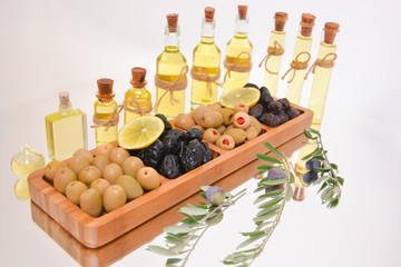 natural olive oils, bottles and olives