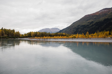 Fall colors reflecting in a calm glacial river on a cloudy day