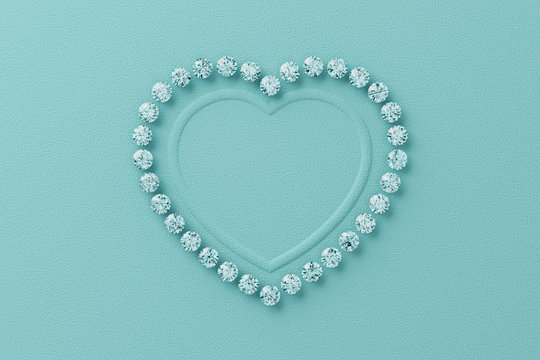 Heart shaped frame of diamonds on tiffany blue background. 3D rendering
