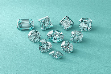 Ten diamonds of the most popular cut shapes on tiffany blue background. 3D rendering