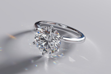 Round solitaire diamond engagement ring on white glossy background. 3D rendering
