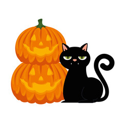 halloween black cat with pumpkins