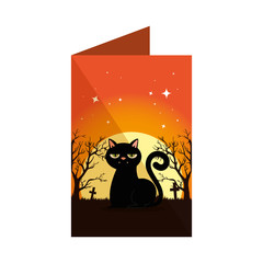halloween card with black cat in cemetery scene
