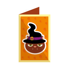 halloween card with black cat and witch hat