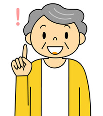 女性　シニア　おばあちゃん　ひらめく　人差し指をさす