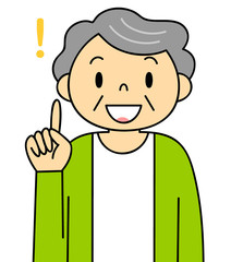 女性　シニア　おばあちゃん　ひらめく　人差し指をさす