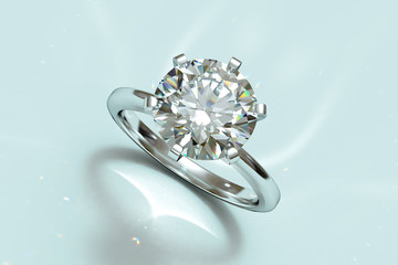 Round cut solitaire diamond engagement ring on light blue background. 3D rendering