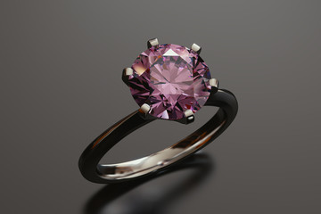 Solitaire pink diamond engagement ring on brown glossy background. 3D rendering