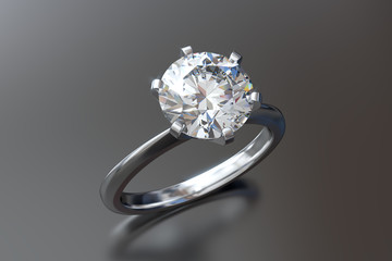 Big solitaire round cut diamond engagement ring on gray glossy background. 3D rendering