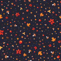 Autumnal, forest, seamless pattern on a dark background.