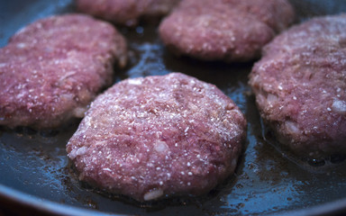 Mince Organic Meat Burger Patties. Cooking In Frying Pan.