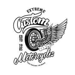 Custom motorcycles. Emblem template with winged wheel. Design element for logo, label, sign, poster, t shirt.