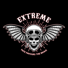 Extreme. Skull in motorcycle helmet with bat wings. Design element for logo, label, emblem, sign, poster, t shirt.