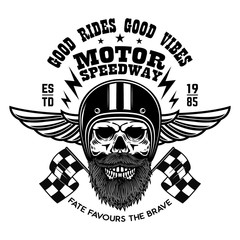 Racer skull in winged helmet. Emblem template with winged wheel. Design element for logo, label, sign, poster, t shirt.