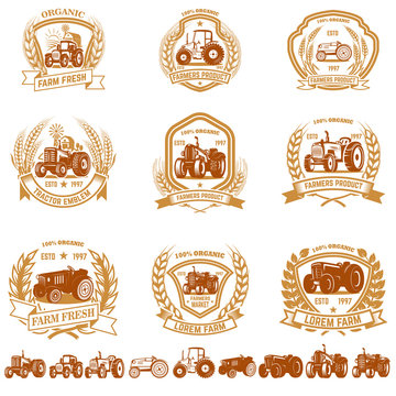 Set of vintage farmer emblems with tractors. Design element for logo, label, sign, poster, t shirt.