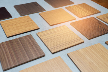 samples of material, wood , on concrete table.Interior design select material for idea.
