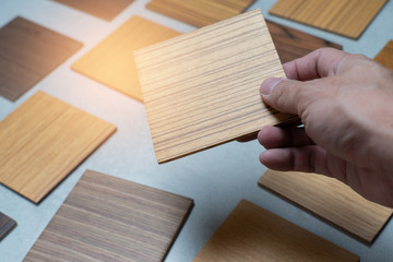 samples of material, wood , on concrete table.Interior design select material for idea.