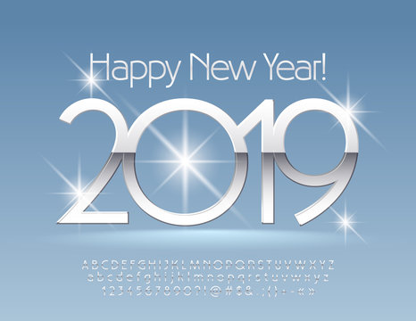 Vector snow Happy New Year 2019 Greeting Card with set of Letters and Numbers. Silver thin Font.