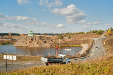 Nizhnaya Sinyachikha, Russia - September 24, 2013: Alexander Nevsky's rotunda chapel. Road to...